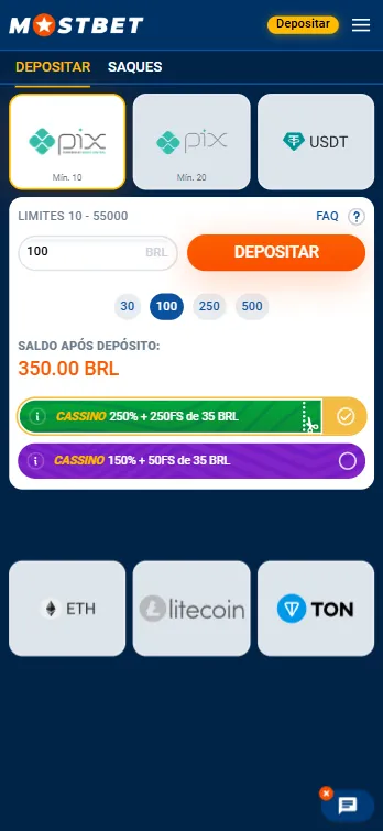 Métodos de depósito e saque no Mostbet APK